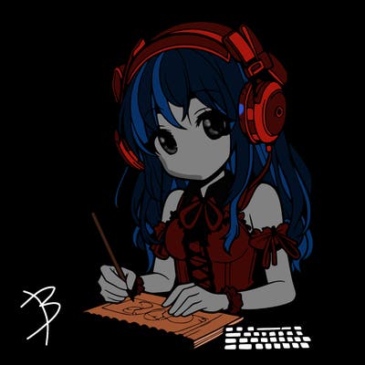 manga girl wearing headphones and drawing in sketchbook