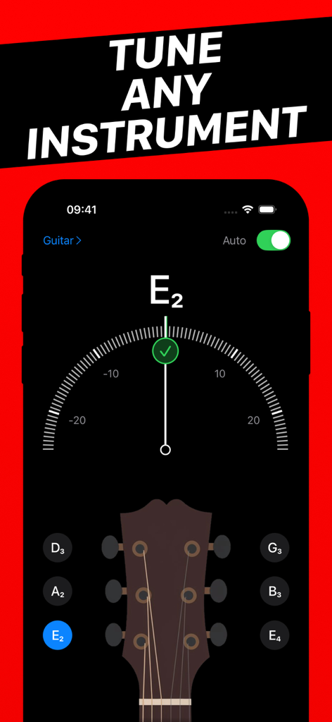 Kalimba Tuner - Interface of the Kalimba Tuner app showing a guitar being tuned with a precision needle gauge and string notes.