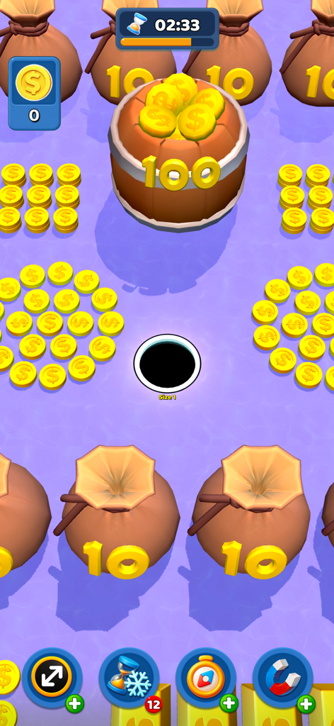 Black Hole - Eat Everything - Una buca nera in un gioco mobile circondata da pile di monete d'oro e sacchi di denaro