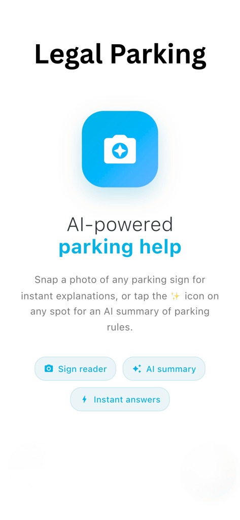 Legal Parking app screen featuring AI-powered parking sign analysis and instant answers.