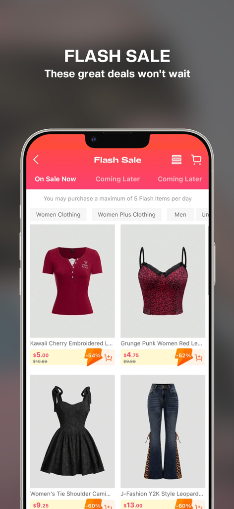 ROMWE - Ultimate Cyber Mall - ROMWE-App-Flash-Sale-Seite mit reduzierter ästhetischer Kleidung, einschließlich eines Oberteils mit Kirschstickerei und Artikeln mit Leopardenmuster