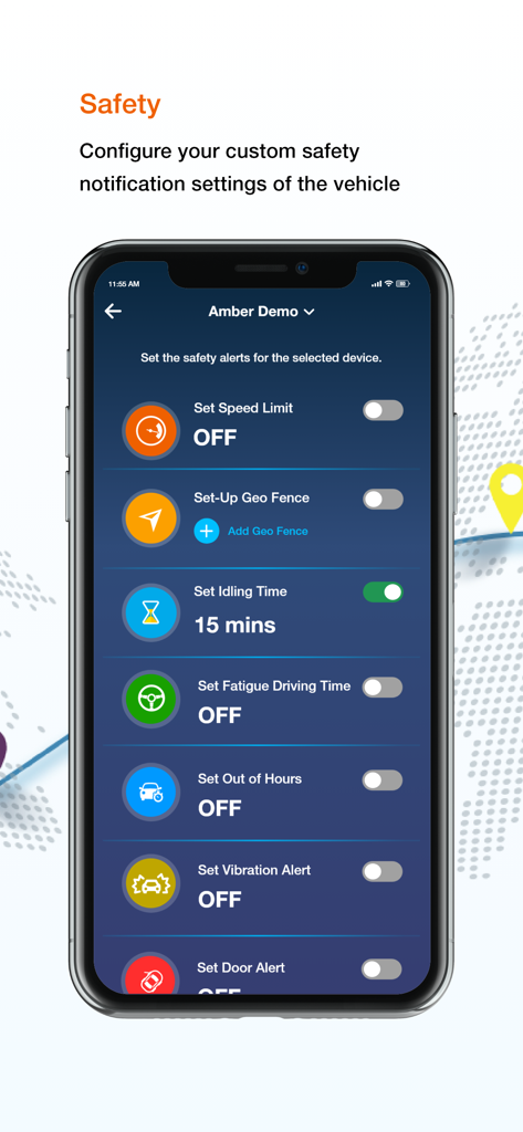 Amber Connect - Interface for configuring vehicle safety notification settings in the Amber Connect app