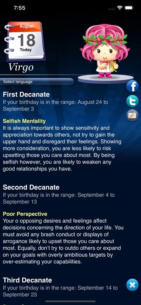 Horoscope HD+ - Daily Virgo horoscope screen showing detailed readings for three decanates on a blue background