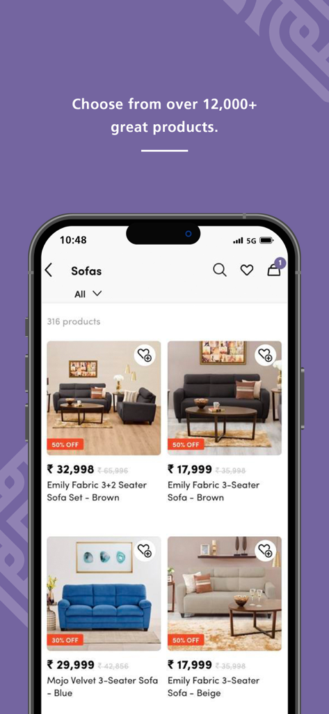 Mobile app screen displaying a catalog of sofas with prices and discounts from the Home Centre India store