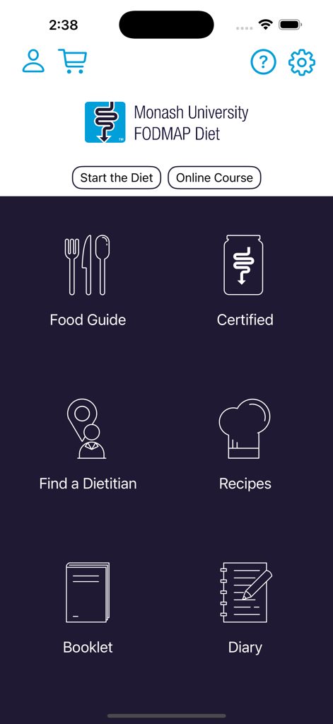Menu principal do aplicativo Monash FODMAP Diet com botões para guia de alimentos, receitas e diário