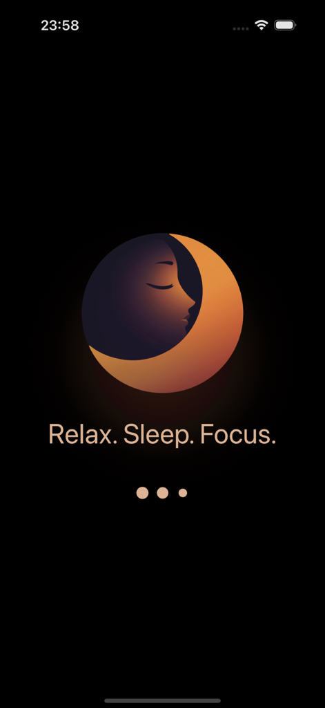 Pantalla de presentación de la aplicación White Moises for Sleep con un icono de mujer durmiendo dentro de una luna creciente y el texto Relájate Duerme Concentra