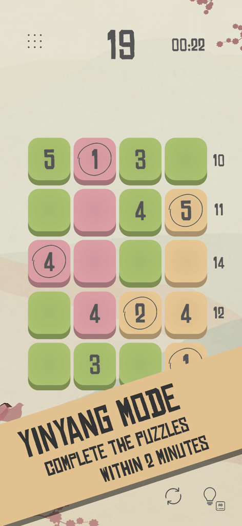 • zenku • - Zenku mobile app screenshot showing the YinYang mode timed logic puzzle challenge on a 4x5 grid.