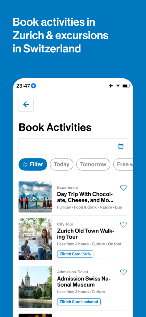 Zürich City Guide - Zurich City Guide app interface showing options to book activities like walking tours and museum tickets with Zurich Card discounts