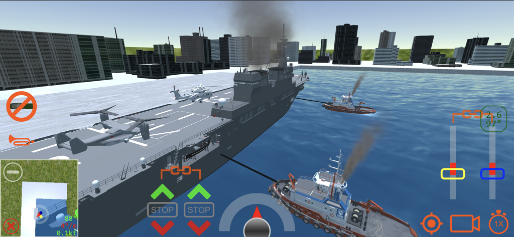 An aircraft carrier being maneuvered by two tugboats in a city harbor within the Ship Handling Simulator game.