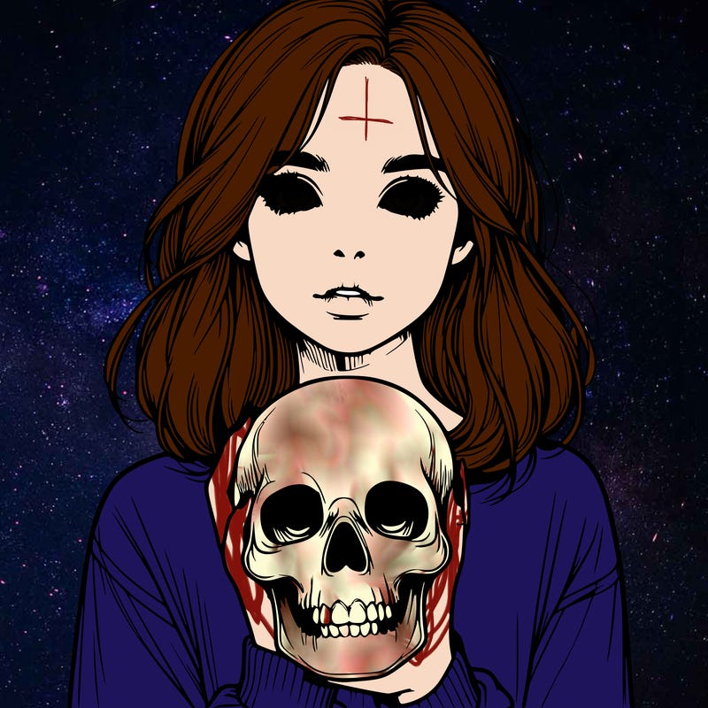 realistic girl holding a skull