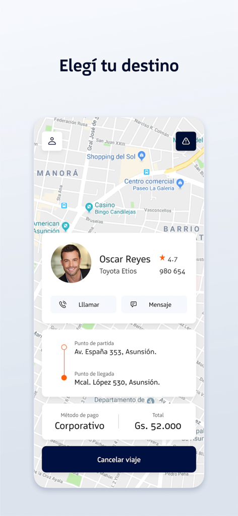 Interface do aplicativo MUV mostrando o perfil do motorista, a rota da viagem em um mapa e a seleção de pagamento corporativo em Assunção