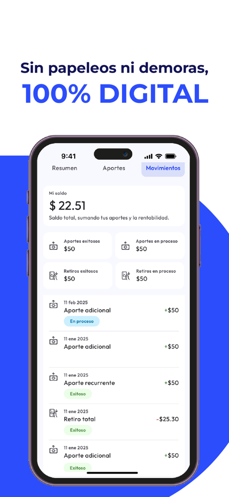 Investo - A smartphone screen showing the transaction history and account balance of the Investo investment app in Spanish.