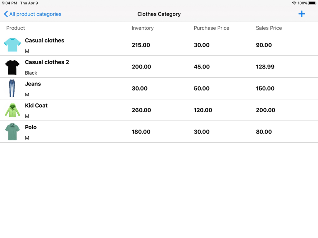 Retail Inventory+Order Manager - iPad screenshot of the Retail Inventory app showing a list of clothing products with inventory levels, purchase prices, and sales prices