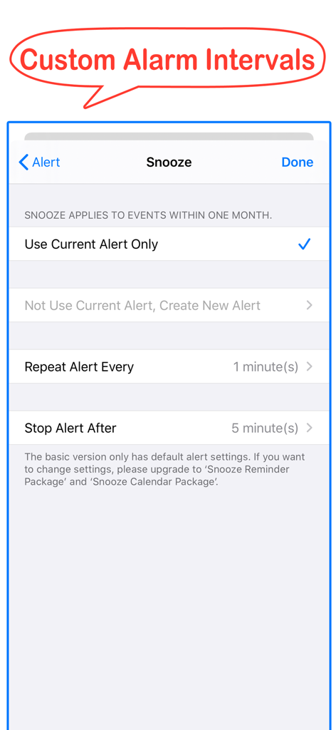 Calendar Tools - Calendar Tools app screen showing custom alarm intervals and snooze settings
