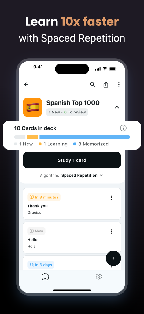 Study G: Student App Blocker - Interfaz de la aplicación Study G mostrando un mazo de tarjetas de memoria en español y el progreso del estudio utilizando repetición espaciada.