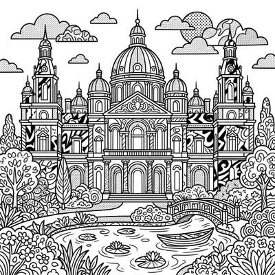 Immerse yourself in the majestic beauty of a Summer Palace rendered in vibrant Pop Art style. This unique coloring page offers a grand escape, blending classic architecture with modern artistic flair.