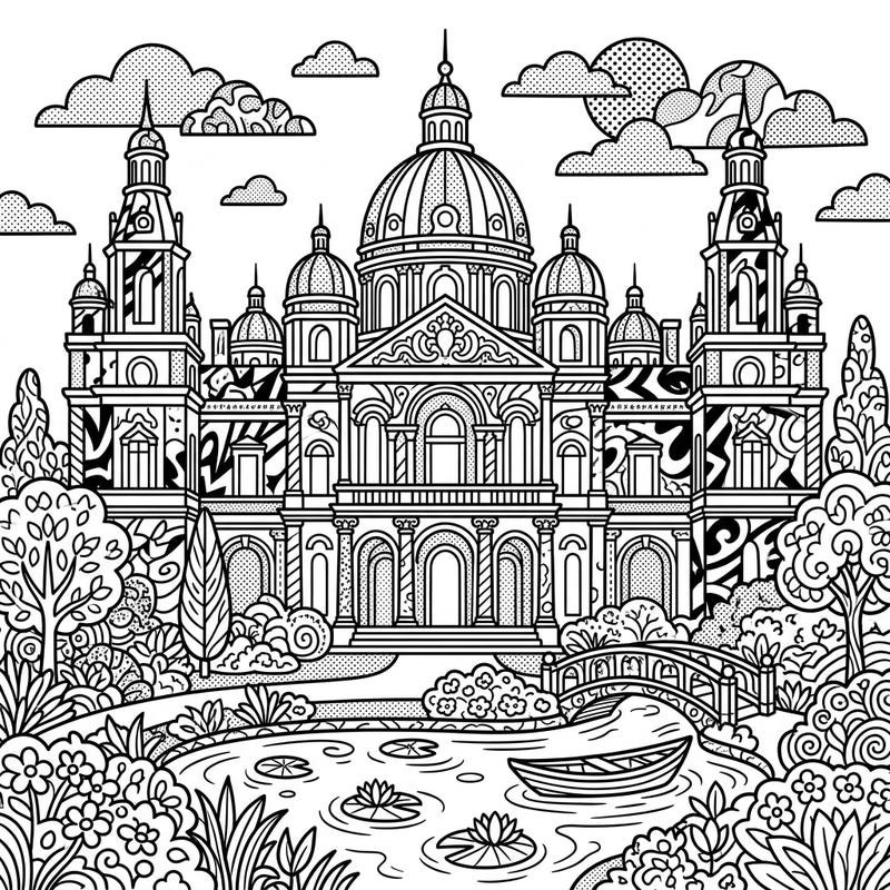 Immerse yourself in the majestic beauty of a Summer Palace rendered in vibrant Pop Art style. This unique coloring page offers a grand escape, blending classic architecture with modern artistic flair.