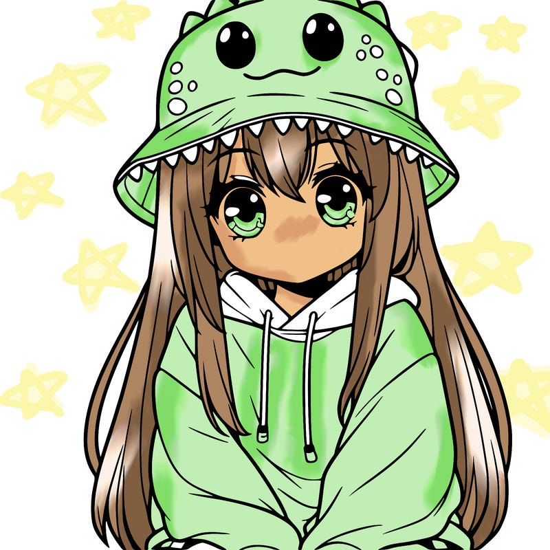 girl with anime shaped eyes with a dinosaur bucket hat oversized sweatshirt long straight hair