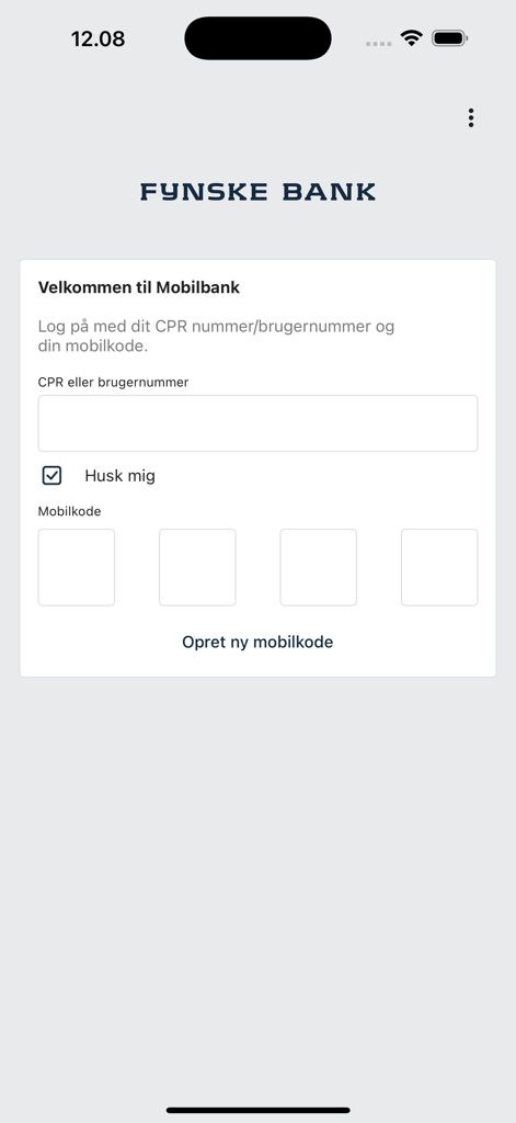 Fynske Bank - Login screen of the Fynske Bank mobile app showing username and mobile pin fields