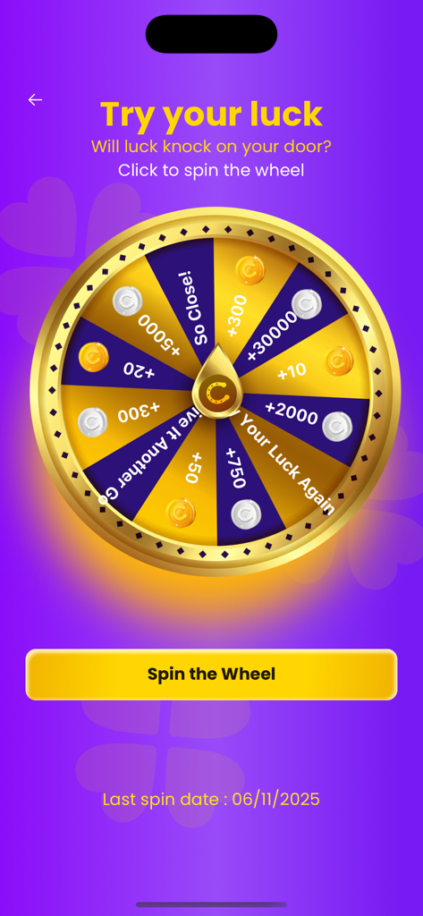 Interfaz de una rueda de la suerte dorada en la aplicación Chance que muestra varias recompensas de monedas y un botón para girar.