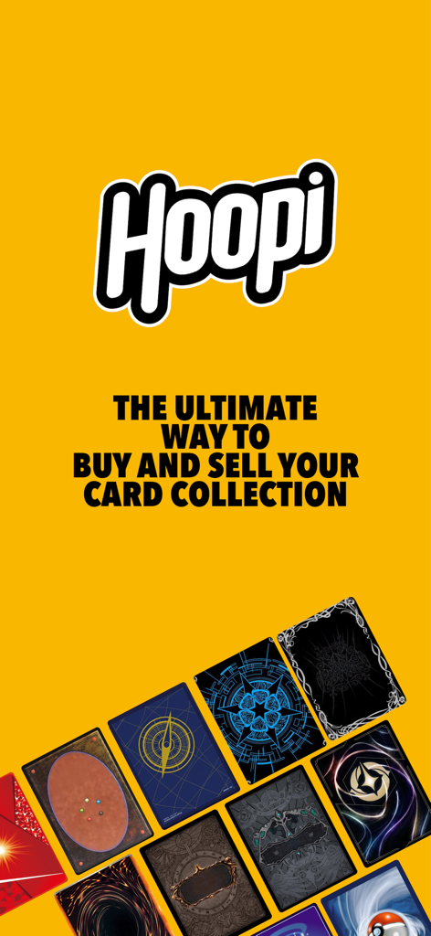 Hoopi - Collectible Platform - Pantalla de inicio de la aplicación Hoopi mostrando el logo y texto que describe la forma definitiva de comprar y vender colecciones de cartas