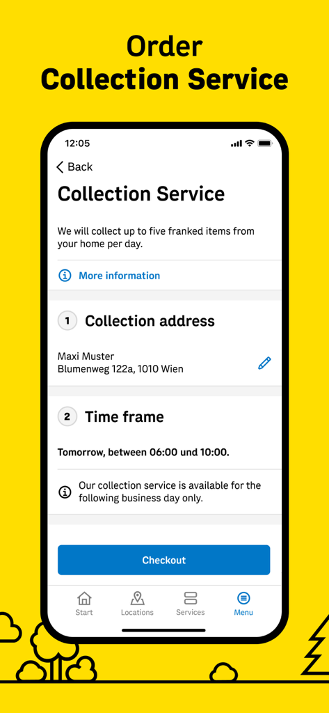 A mobile interface for scheduling a parcel collection service from home in the Austrian Post app