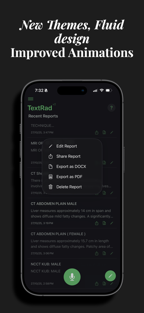 TextRad app interface on an iPhone showing a list of recent radiology reports and a menu with options to edit, share, or export as PDF and DOCX.