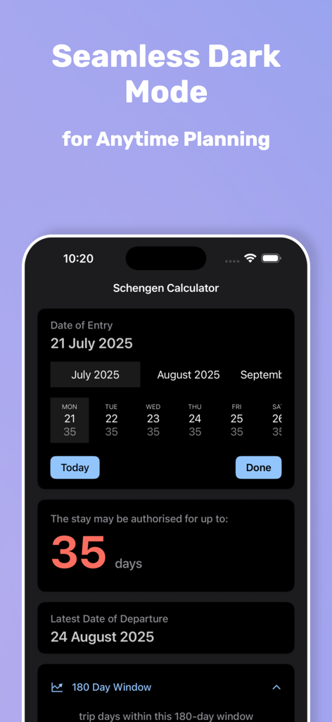 Schengen Calculator 90/180 - Schengen Calculator app screenshot in dark mode showing travel stay calculations and planning