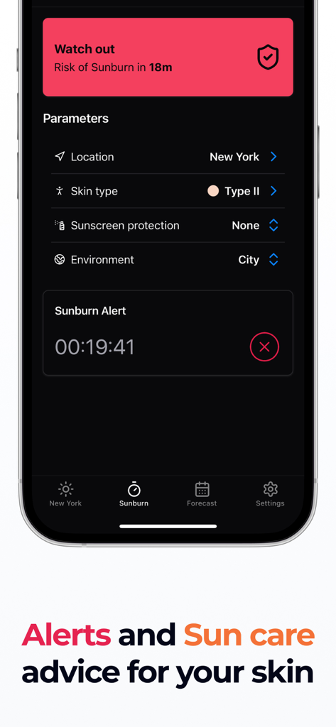 Suncap - UV Index - Suncap 모바일 앱 인터페이스에 일광 화상 경고 카운트다운과 개인 맞춤형 피부 보호 매개변수가 표시됩니다.