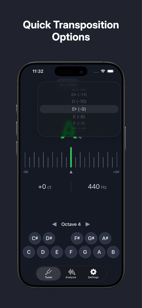 AudioPitch Tuner - Pantalla de smartphone mostrando la configuración de transposición en la aplicación Afinador AudioPitch