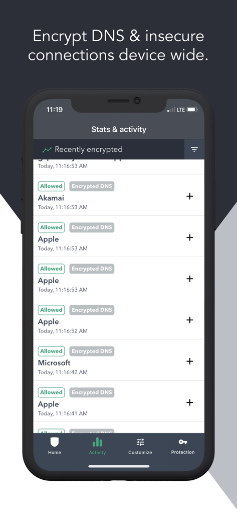PrivacyPro SmartVPN & Firewall - PrivacyPro app interface displaying a real time activity log of recently encrypted DNS connections from Apple and Microsoft
