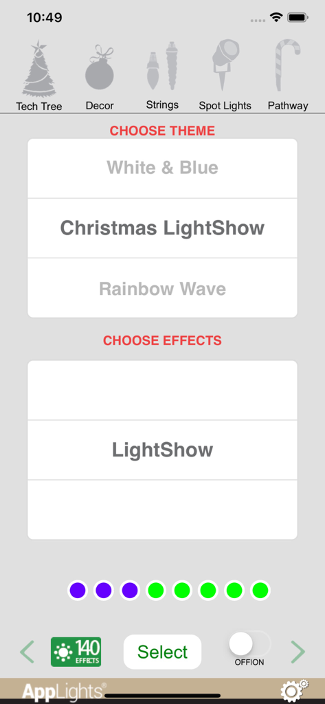 Interface of the AppLights app showing options to choose lighting themes and effects