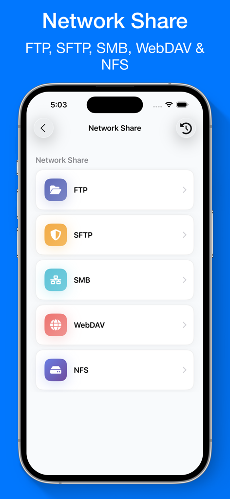Pantalla de la aplicación iFiles que muestra opciones de compartición de red, incluyendo FTP, SFTP, SMB, WebDAV y NFS.