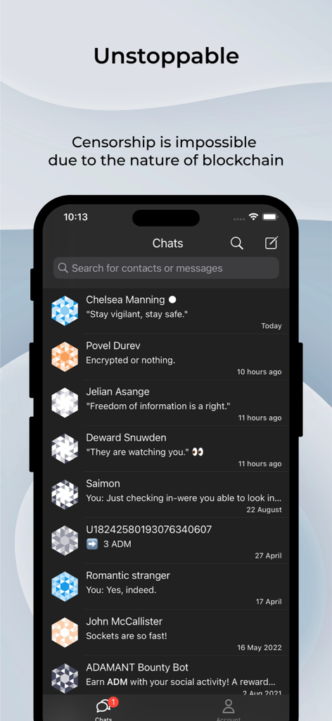 ADAMANT Messenger - ADAMANT Messenger mobile app interface displaying an encrypted chat list with blockchain security and censorship resistance features.