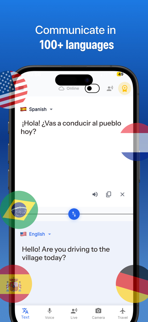 Translate AI - Translator - Smartphone interface showing the Translate AI app performing a Spanish to English text translation