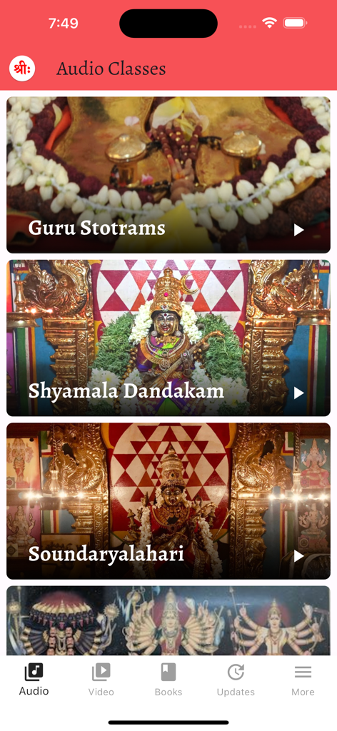 Bhaskara Prakasha Ashram - Mobile app interface showing audio classes for Guru Stotrams and Soundaryalahari with devotional images