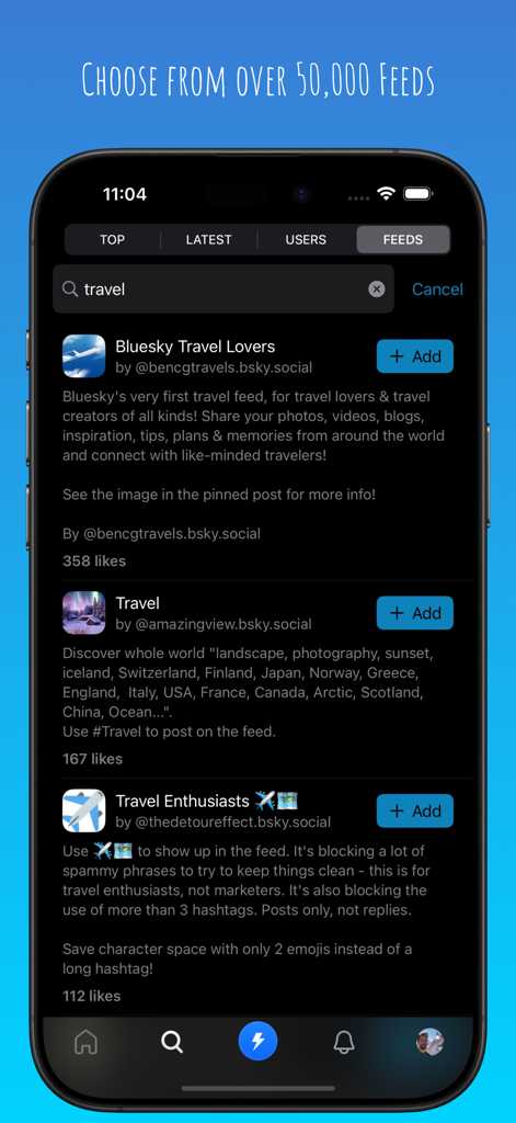 Flashes for Bluesky - A screenshot of the Flashes app showing a search for travel feeds on Bluesky with a list of community results.