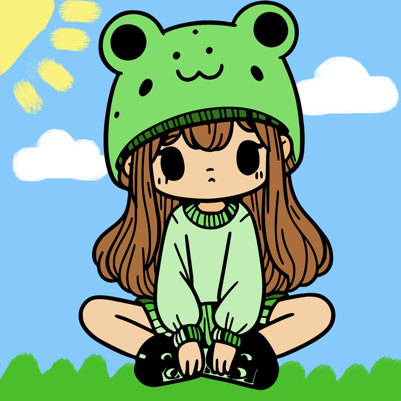a girl wearing a frog hat and some frog socks
