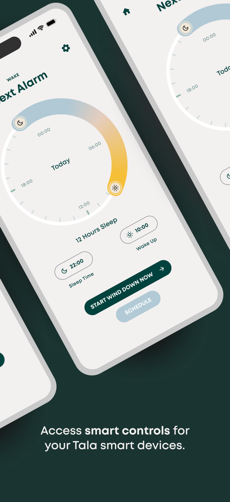 Tala - Interfaz de la aplicación Tala Smart mostrando un dial circular para establecer horas de dormir y despertar alineadas con los ritmos naturales