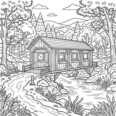 Discover tranquility with this covered bridge coloring page, thoughtfully designed for seniors. Enjoy clear, large-print outlines and a beautiful nature scene that promotes relaxation and creativity.