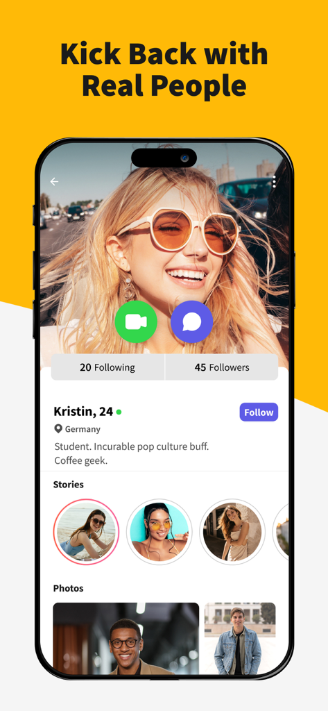 A user profile interface of the Gaze live video chat app displaying social stories and photos of diverse people.