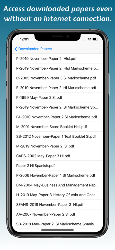 A+Papers: IB Exam Papers - A mobile app screen displaying a list of downloaded IB exam past papers for offline access