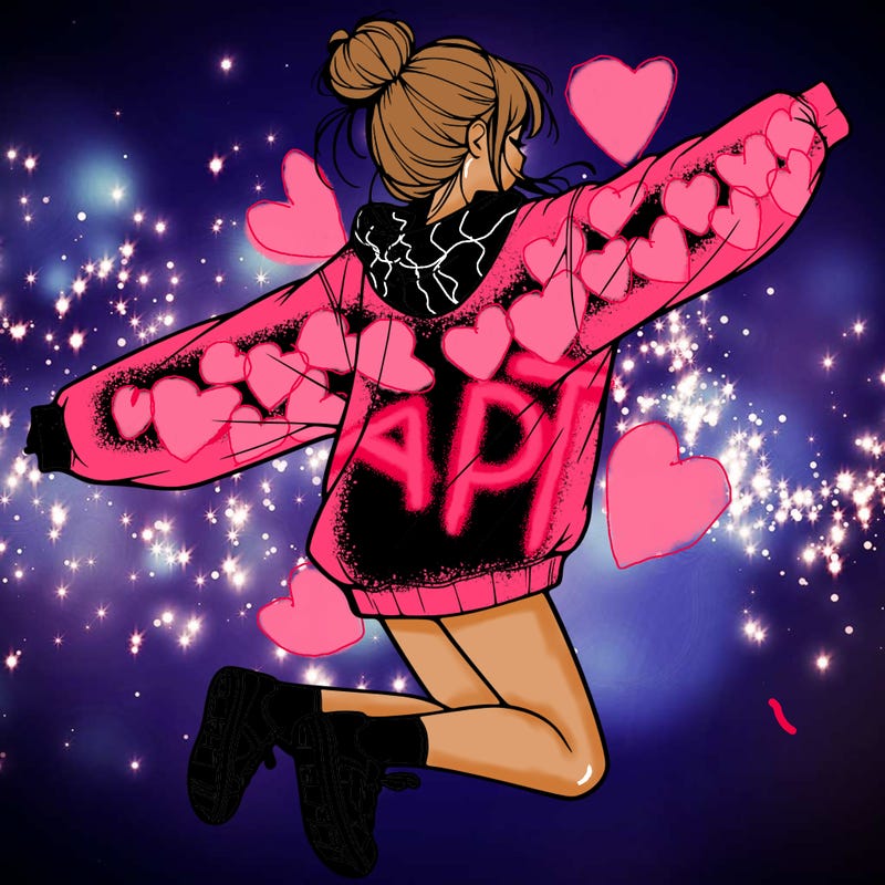 realistic girl jumping with a bun and oversized sweatshirt