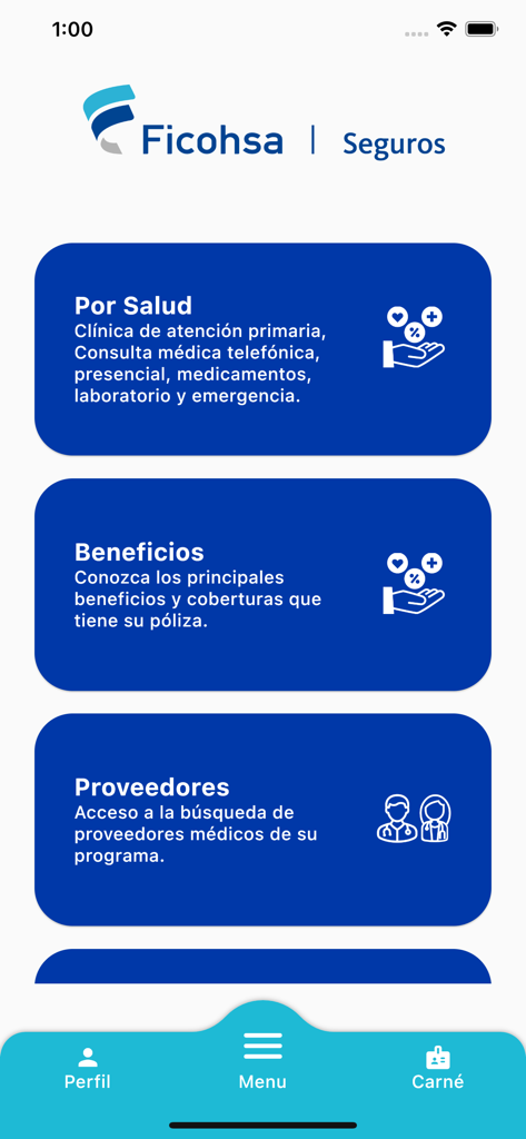 Ficohsa Seguros - Menu principal de l'application Ficohsa Seguros avec des options pour les services de santé, les avantages et les prestataires médicaux.