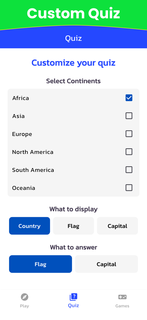 Interfaccia dell'app World Quiz che mostra le impostazioni del quiz personalizzato con selezione di continenti e categorie