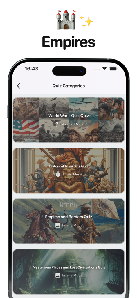 History Games: Trivia - 제2차 세계 대전 및 제국과 같은 퀴즈 카테고리를 보여주는 역사 게임 퀴즈 앱