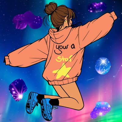 realistic girl jumping with a bun and oversized sweatshirt