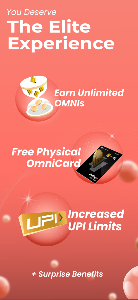 Promotional screen for OmniCard showing elite benefits including unlimited rewards, a free physical card, and increased UPI limits.