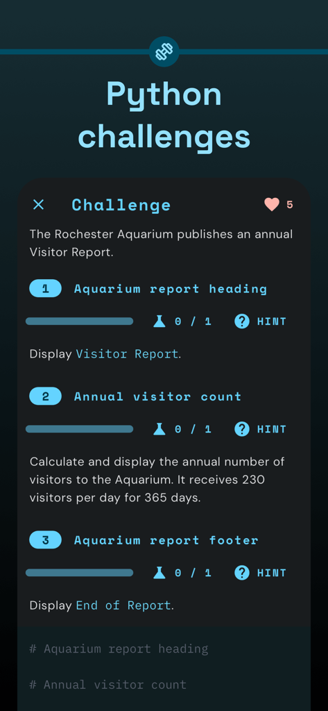 Una pantalla interactiva de desafíos de programación Python en la app Encode con ejercicios de programación paso a paso.