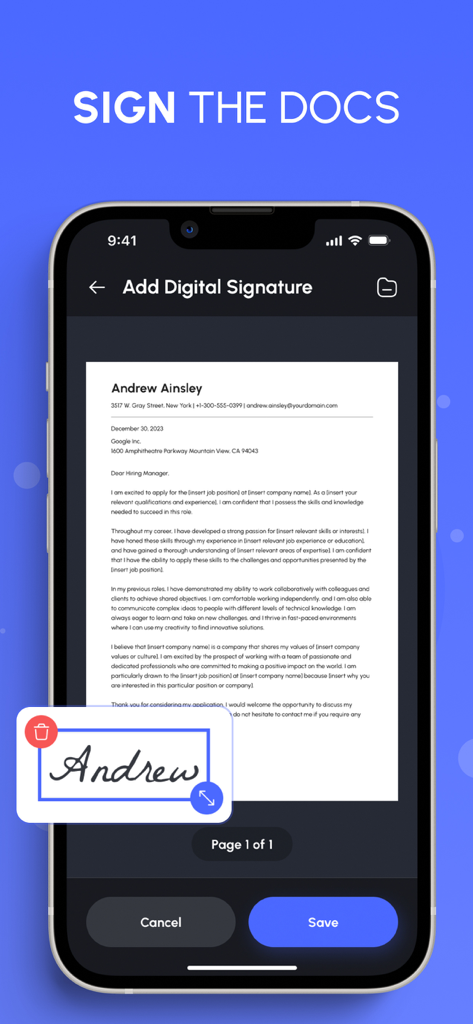 The PDF Scanner, PDF editor HQ - A mobile phone screen demonstrating how to add a handwritten digital signature to a PDF document.